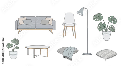 Modern Interior Design Elements Set Vector Illustration of Stylish Furniture, Home Decor, and Potted Plants for Contemporary Living Spaces