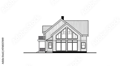 Architectural blueprint style vector illustration of a modern contemporary house exterior design, featuring large windows and a gabled roof elevation