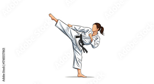 Vector illustration of a female martial artist delivering a powerful high kick, demonstrating agility, strength, and discipline in a dynamic combat sport pose