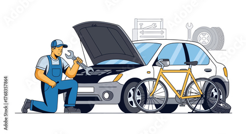 Skilled mechanic performing vehicle maintenance, diligently working on a car engine while also attending to bicycle service, illustrating comprehensive repair solutions