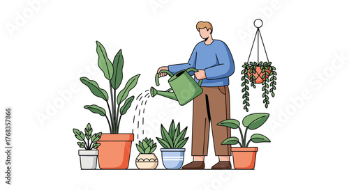 Caring for indoor plants A man lovingly tends to his diverse collection of potted greenery, using a watering can to nurture his home garden hobby and cultivate a peaceful green space