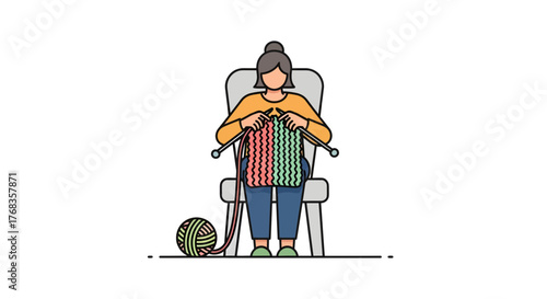 Serene illustration of an individual engrossed in the calming and creative hobby of knitting, skillfully transforming colorful yarn into a beautiful handmade textile, a true craft