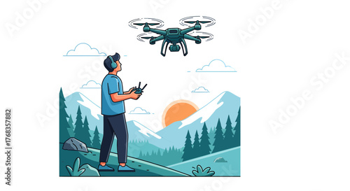 Young Man Capturing Breathtaking Aerial Views with His Drone in a Serene Mountain Landscape at Sunset, Blending Technology with Nature Exploration