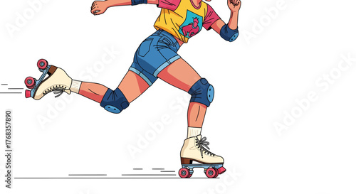 Dynamic illustration of a person swiftly roller skating with energetic strides, embodying a retro-inspired, active lifestyle filled with joy, speed, and urban adventure