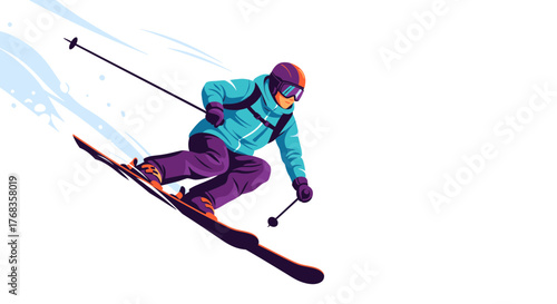 Dynamic illustration capturing a thrill-seeker expertly carving down a snowy mountain slope, embodying the exhilaration of winter sports and the freedom of alpine adventure