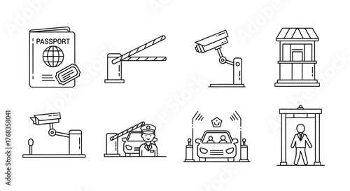 Collection of security icons, including cameras and scanners, in a flat vector style, depicting various security measures