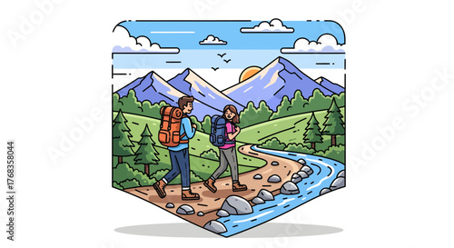 Vibrant illustration of a couple hiking through a scenic mountain trail by a winding river, enjoying the great outdoors and exploring the wilderness with their backpacks under a sunny sky