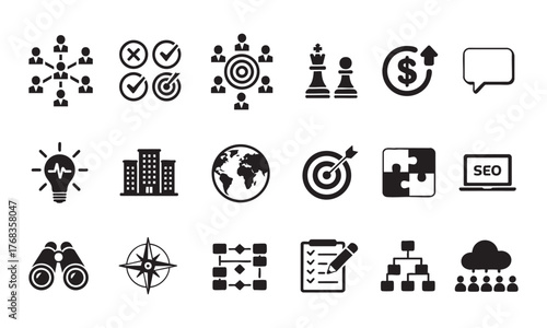 Business and Strategy Icons – Leadership, Innovation, Finance, Organization Vector Set