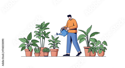 Young Man Engaged in a Relaxing Indoor Gardening Hobby, Thoughtfully Watering a Variety of Potted Houseplants, Symbolizing Care and Growth within a Home Environment