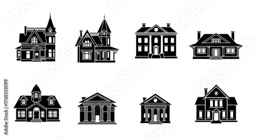 Collection of diverse architectural designs for compact urban homes, clean vector illustrations, showcasing various building layouts and styles