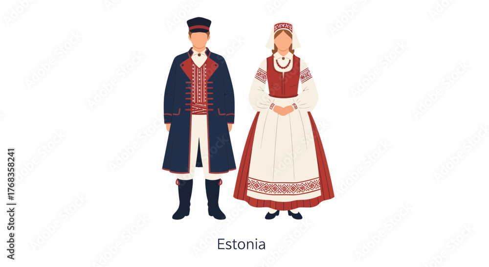 Obraz premium Flat vector illustration depicting a traditional Estonian male and female couple in national folk costumes, showcasing cultural heritage with traditional attire for celebrations and events
