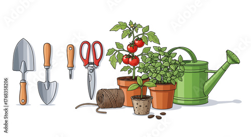 Essential gardening tools and supplies with thriving potted plants. Illustration shows trowels, watering can, seeds, twine, tomatoes, and herbs, ideal for a home garden