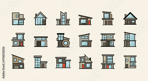 Flat vector illustration set of diverse modern and traditional residential house designs, perfect for architectural concepts, property development, and real estate projects