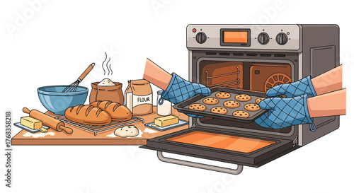 A comprehensive illustration of home baking, from whisking ingredients and preparing dough to baking golden cookies and fresh bread in a kitchen oven