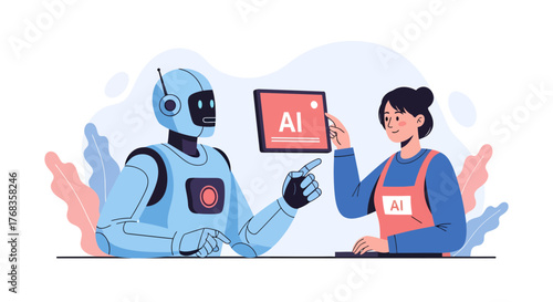 Collaborative partnership between a humanoid robot and a woman, demonstrating artificial intelligence development and the future of human-machine interaction in technological innovation