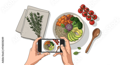 Capturing the vibrant essence of a nutritious plant-based meal with a smartphone, showcasing the modern trend of healthy food photography and digital sharing for social media