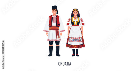 Flat vector illustration of a Croatian couple in traditional national folk costumes, showcasing their vibrant cultural heritage and traditional apparel from Croatia, isolated on white