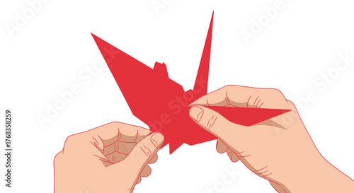 Detailed illustration of hands carefully folding a vibrant red paper into a traditional origami crane, symbolizing peace and the art of papercraft