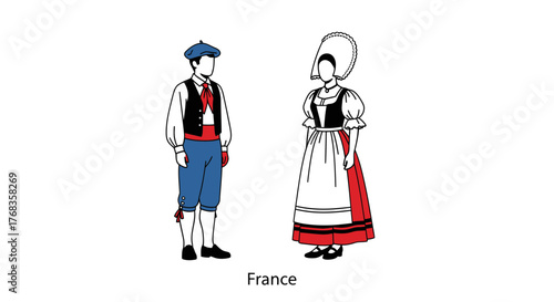 Flat vector illustration depicting traditional French costumes, featuring a male and female pair in classic national dress, set against a clean white background