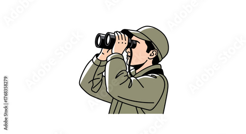 Dynamic vector illustration depicting a focused man with binoculars, actively observing his surroundings, ideal for concepts of exploration, discovery, and detailed vision