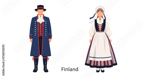 Flat vector illustration depicting traditional Finnish costumes for a man and a woman, showcasing the rich cultural heritage and folk attire against a clean white background