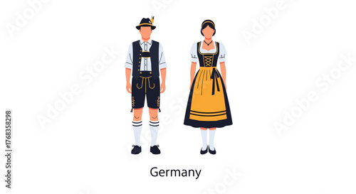 German couple in traditional Bavarian costumes flat vector illustration. Man in Lederhosen, woman in Dirndl, symbolizing German culture, folk attire, and heritage