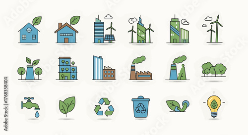 Sustainable Eco-Friendly Living Icon Pack Clean Line Vector Set for Green Energy, Environmental Protection, and Urban Ecology Concepts