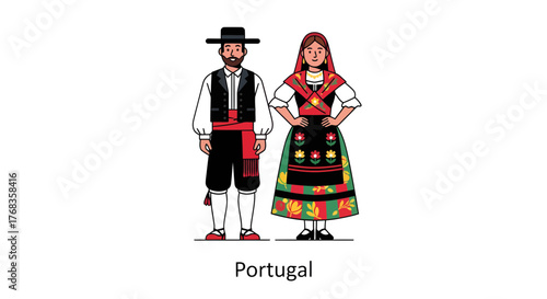 Traditional Portuguese couple in national dress standing together on a white background with the country name displayed below