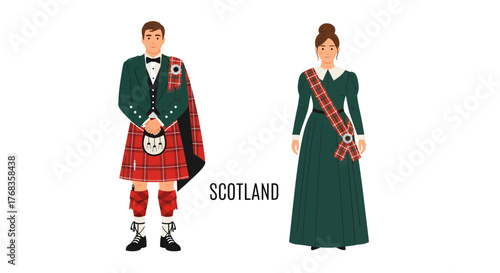 Traditional Scottish couple in flat vector illustration standing on white background with country name displayed