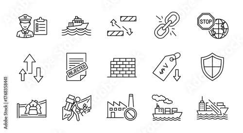 Line icon set for international trade restrictions, economic sanctions, and border control. Features embargoes, supply chain issues, customs, and security concepts