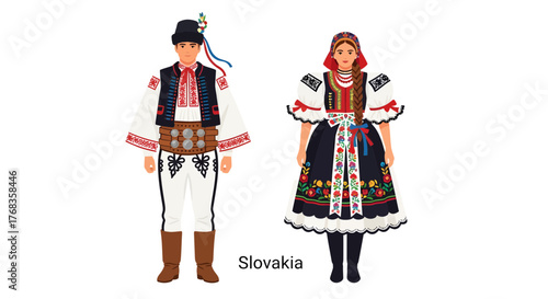 Traditional Slovakian couple in folk costumes standing side by side on a white background