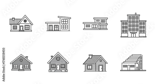 Vector outline icons showcasing a diverse range of residential houses, modern buildings, and various architectural structures, perfect for real estate and urban design concepts