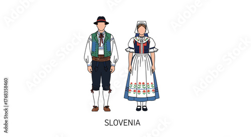 Flat vector illustration of traditional Slovenian folk costumes, featuring a man and woman in national attire, showcasing cultural heritage on a white background