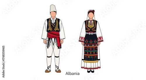 Flat vector illustration of a traditional Albanian couple showcasing cultural attire. Detailed depiction of male and female folk costumes, celebrating heritage on a clean white background