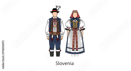 Traditional Slovenian couple in folk costumes illustrated in a flat vector style on a white background
