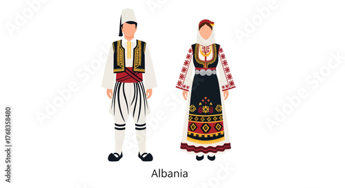 Detailed flat vector illustration of traditional Albanian folk costumes, depicting a male and female in historical national dress, isolated on a clean white background
