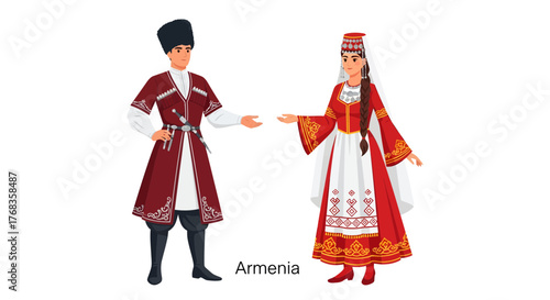 Flat vector illustration of a man and woman in traditional Armenian costumes, showcasing cultural heritage and historical attire, isolated on white background