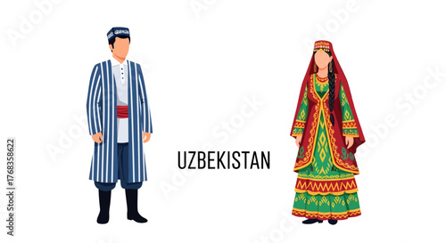 Traditional Uzbek couple in national attire standing together, vector illustration, cultural heritage, Uzbekistan, folk dress