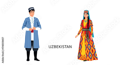 Traditional Uzbek couple in national attire standing together, vector illustration, cultural heritage, Uzbekistan