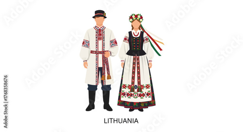 Colorful vector illustration showcasing a man and a woman in rich traditional Lithuanian folk costumes, depicting cultural heritage and national dress on a clean white background