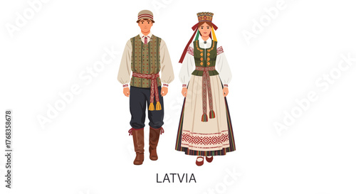 Vibrant flat vector illustration depicting a man and woman proudly wearing traditional Latvian folk costumes, showcasing authentic ethnic attire and rich cultural heritage on a clean white background
