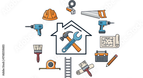 Comprehensive collection of home repair and construction tools icons in a minimalist vector style, symbolizing renovation projects and property maintenance