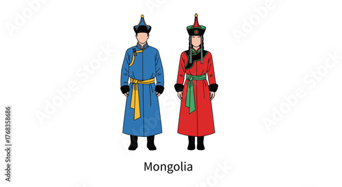 Flat vector illustration depicting traditional Mongolian national costumes for a man and a woman, showcasing cultural attire on a clean white background