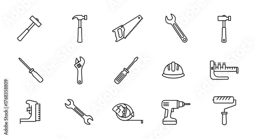Comprehensive vector line icon collection featuring essential construction and home improvement tools, perfect for DIY projects, building, repair, and professional maintenance services