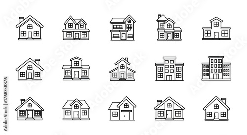 Collection of diverse house icons in a stylized vector format showcasing various architectural styles
