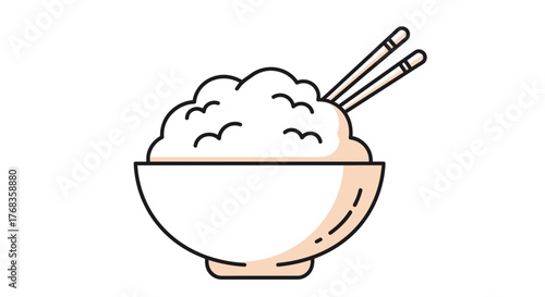 Stylized vector illustration of a rice bowl with chopsticks on a simple background