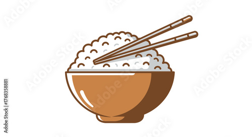 Vector illustration of a bowl of rice with chopsticks on a simple background