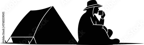 a lone camper enjoys morning coffee by tent, embracing outdoor serenity