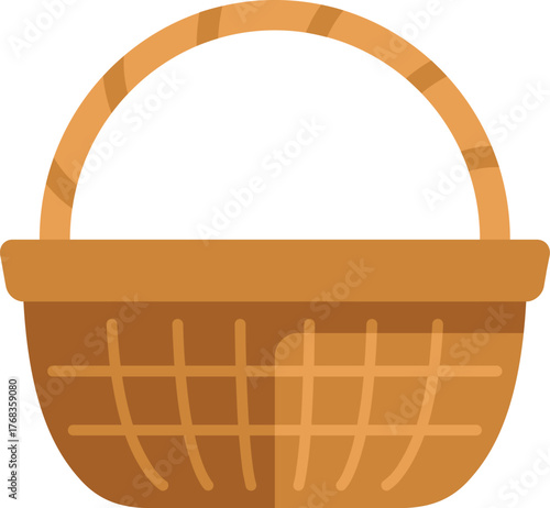 Empty wicker basket with handle standing up, traditional container for food or other goods, isolated on white background