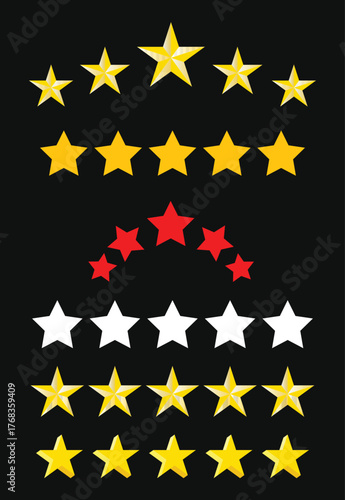 Five Stars Rating Set, Customer Product Review Icons, Flat Star Rating Symbols for Apps and Websites